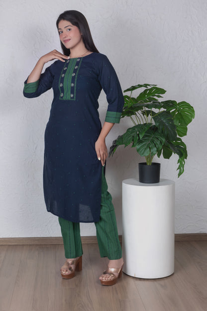 Navy Blue & Green Yoke Kurta Set