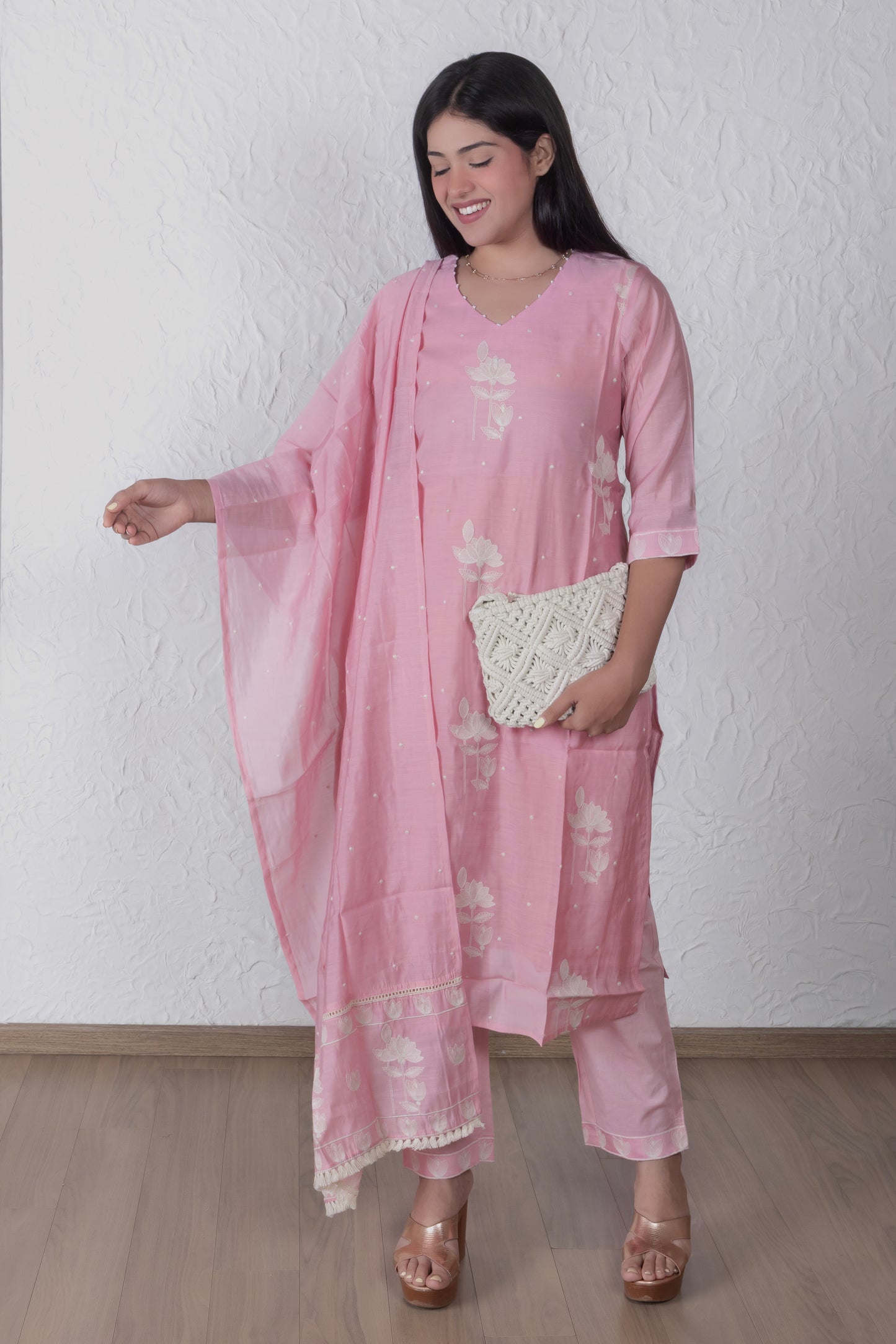 Blush Pink Mul Chanderi Suit Set